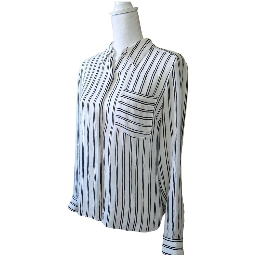 A.L.C. Womens White Black Striped Silk Button Down Blouse Long Sleeve 2 AS-IS